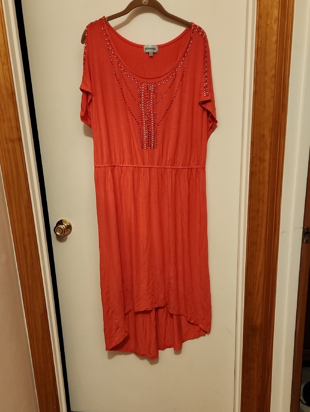 Glitterscape Embellished Coral High-Low Women's Dress XL